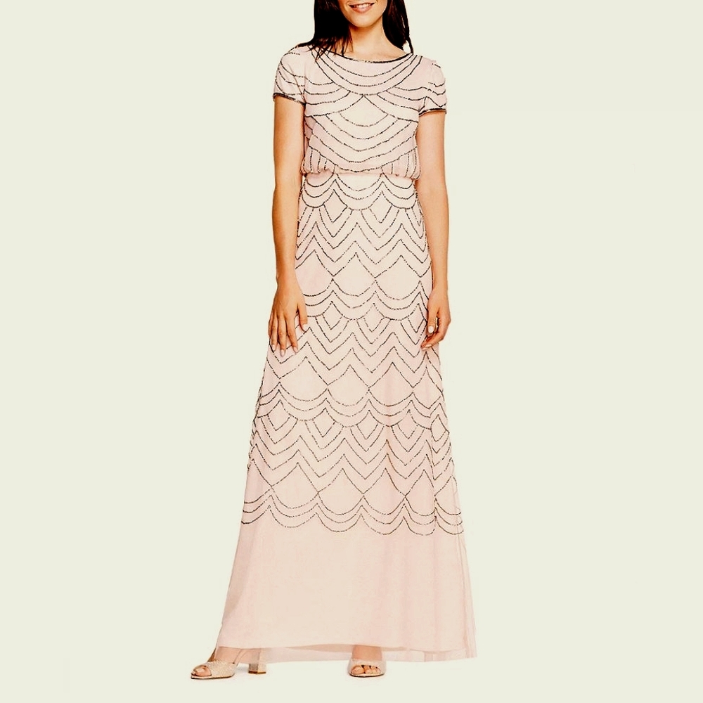 Women's Short Sleeve Silver Beaded Blouson Gown (Blush Gold) - Adrianna Papell